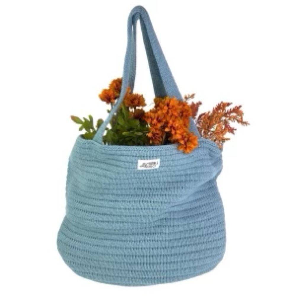 Humble Hilo’s newest knitted  blue tote bucket bag with 2 comfortable straps.